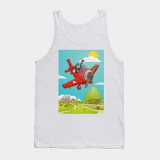 The waving pilot in his red airplane with landscape and background Tank Top